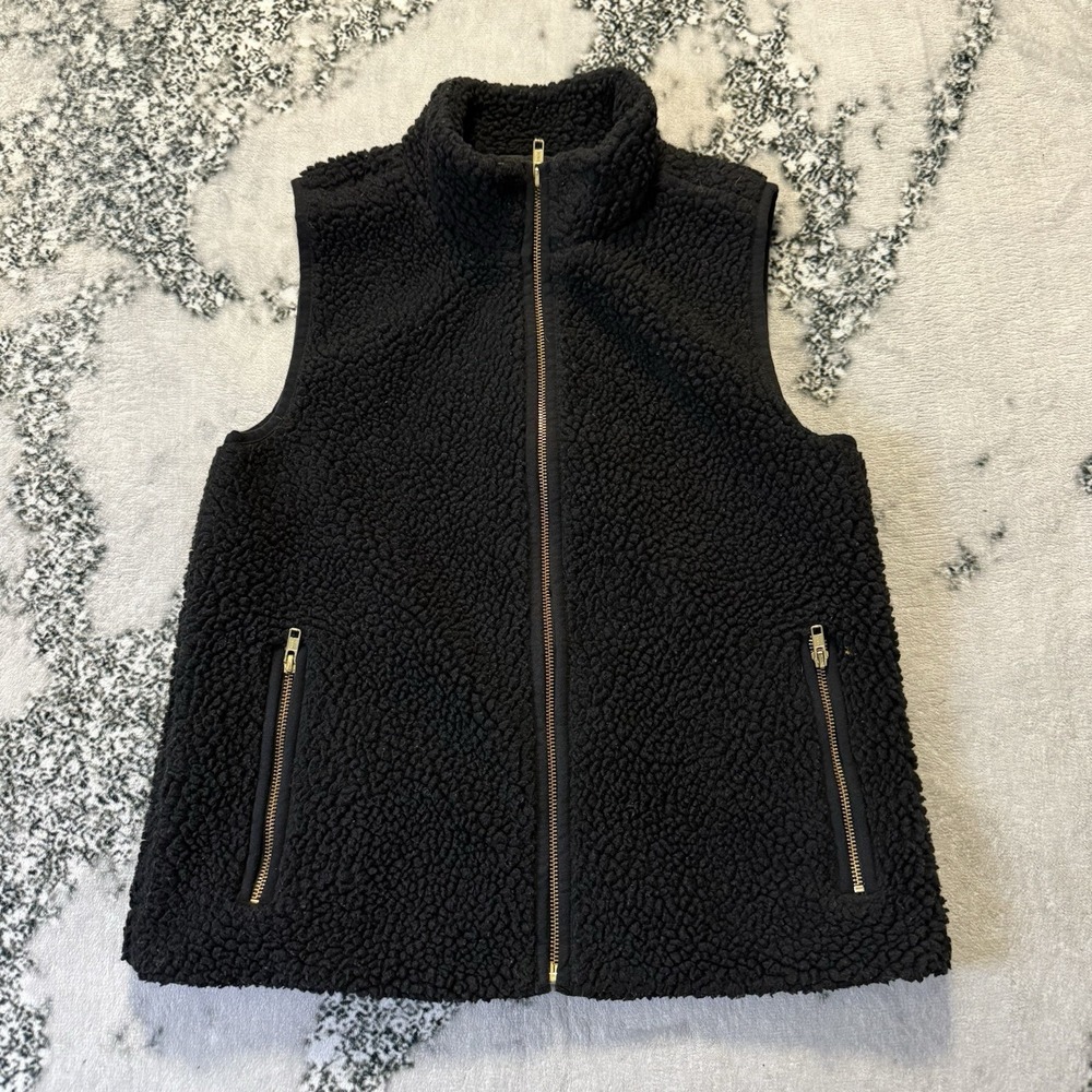 J Crew Vest Womens Size S Black Teddy Sherpa Gold‎ Tone Hardware Full Zip